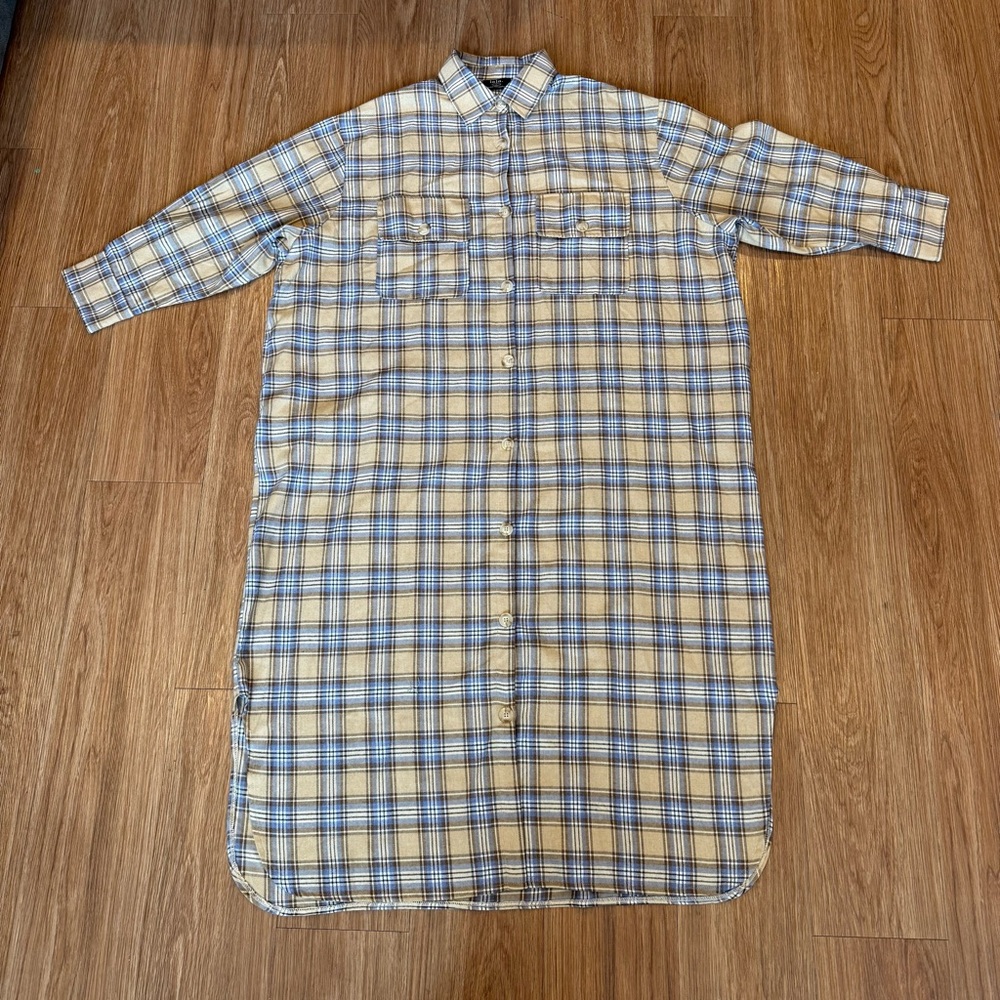 Dressed in LALA SAMPLE Blue & Cream Plaid Maxi Shirt Dress